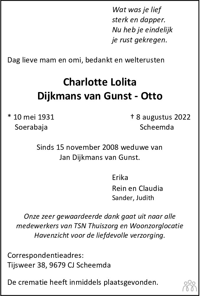 Overlijdensbericht van Charlotte Lolita Dijkmans van Gunst-Otto in Dagblad van het Noorden