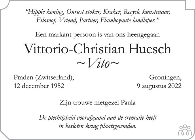 Overlijdensbericht van Vittorio-Christian (Vito) Huesch in Dagblad van het Noorden