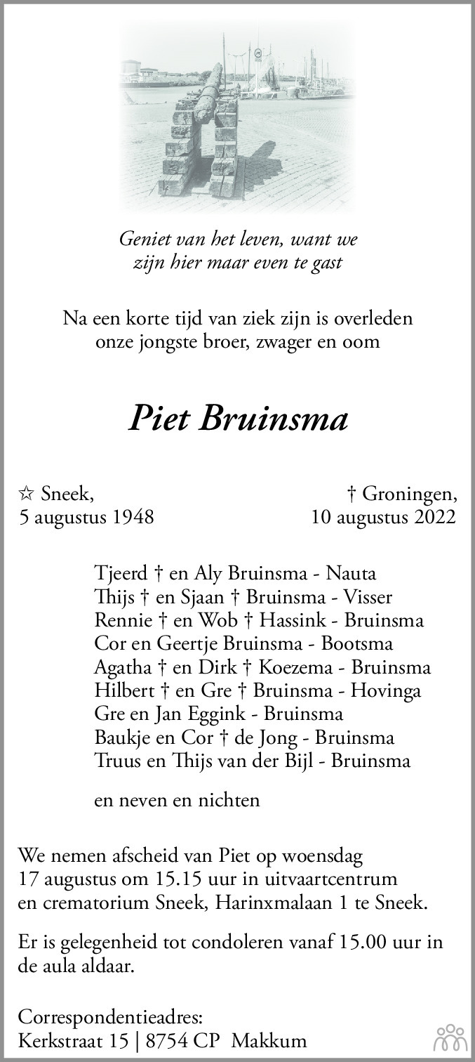 Overlijdensbericht van Piet Bruinsma in Leeuwarder Courant