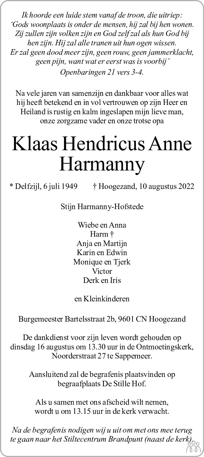 Overlijdensbericht van Klaas Hendricus Anne Harmanny in Dagblad van het Noorden