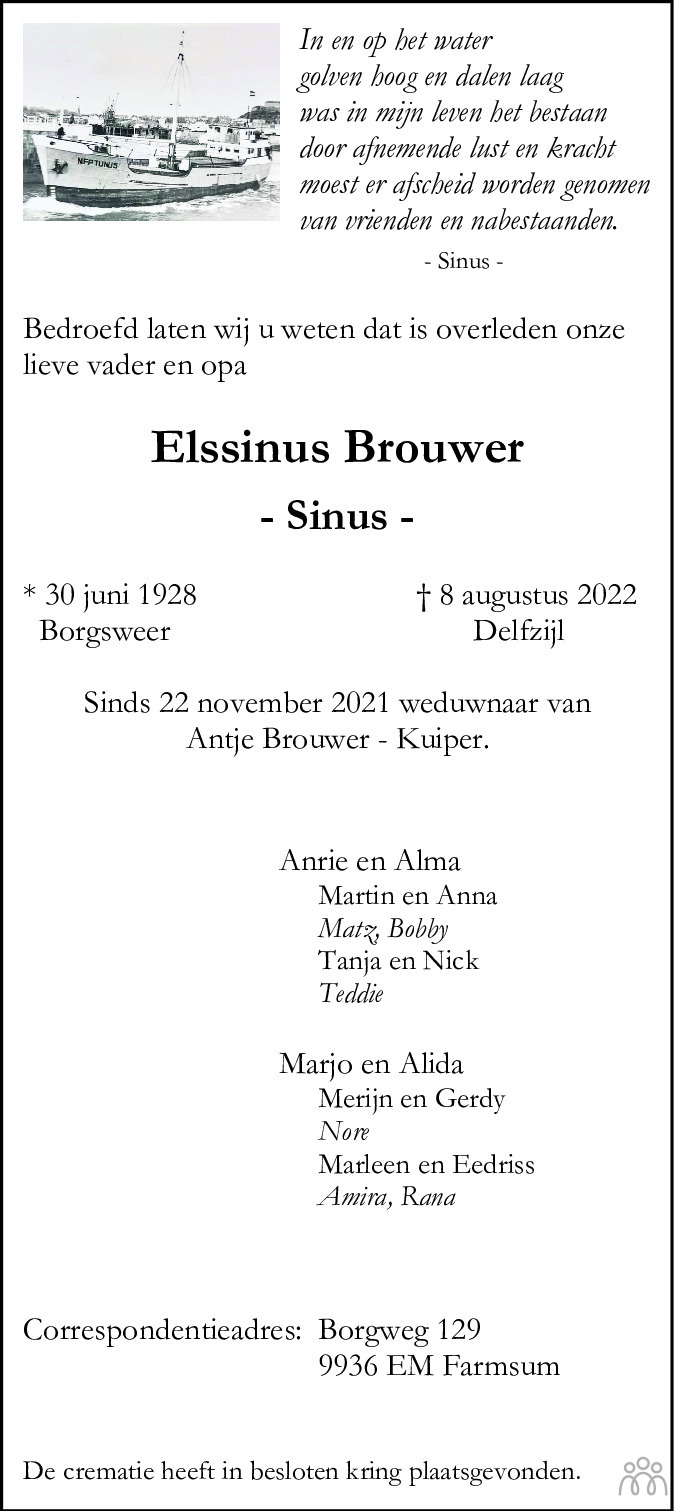 Overlijdensbericht van Elssinus (Sinus) Brouwer in Dagblad van het Noorden