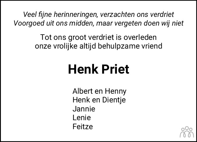 Overlijdensbericht van Henk (Hendrik) Priet in Dagblad van het Noorden