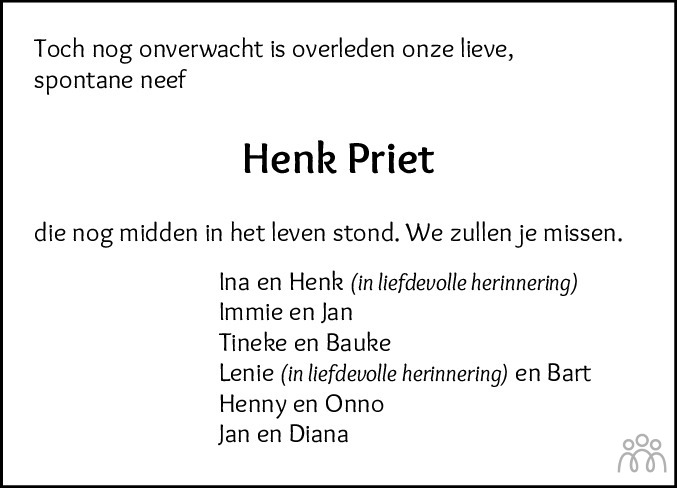 Overlijdensbericht van Henk (Hendrik) Priet in Dagblad van het Noorden