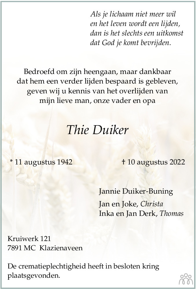 Overlijdensbericht van Thie Duiker in Emmen Nu