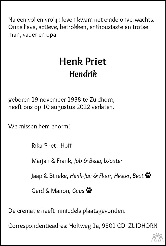 Overlijdensbericht van Henk (Hendrik) Priet in Westerkwartier