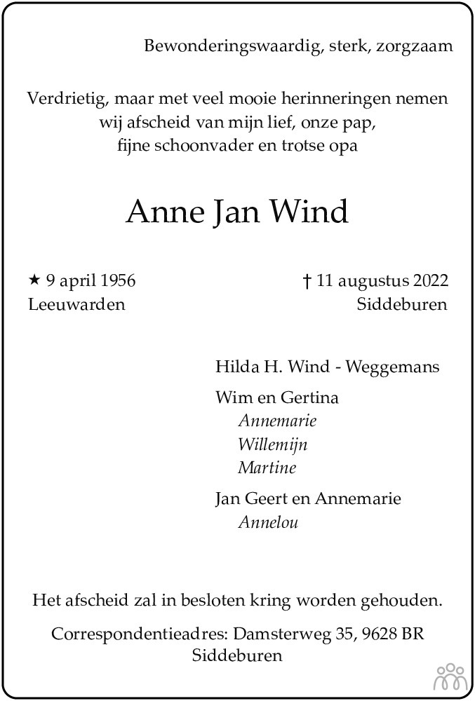 Overlijdensbericht van Anne Jan Wind in Dagblad van het Noorden