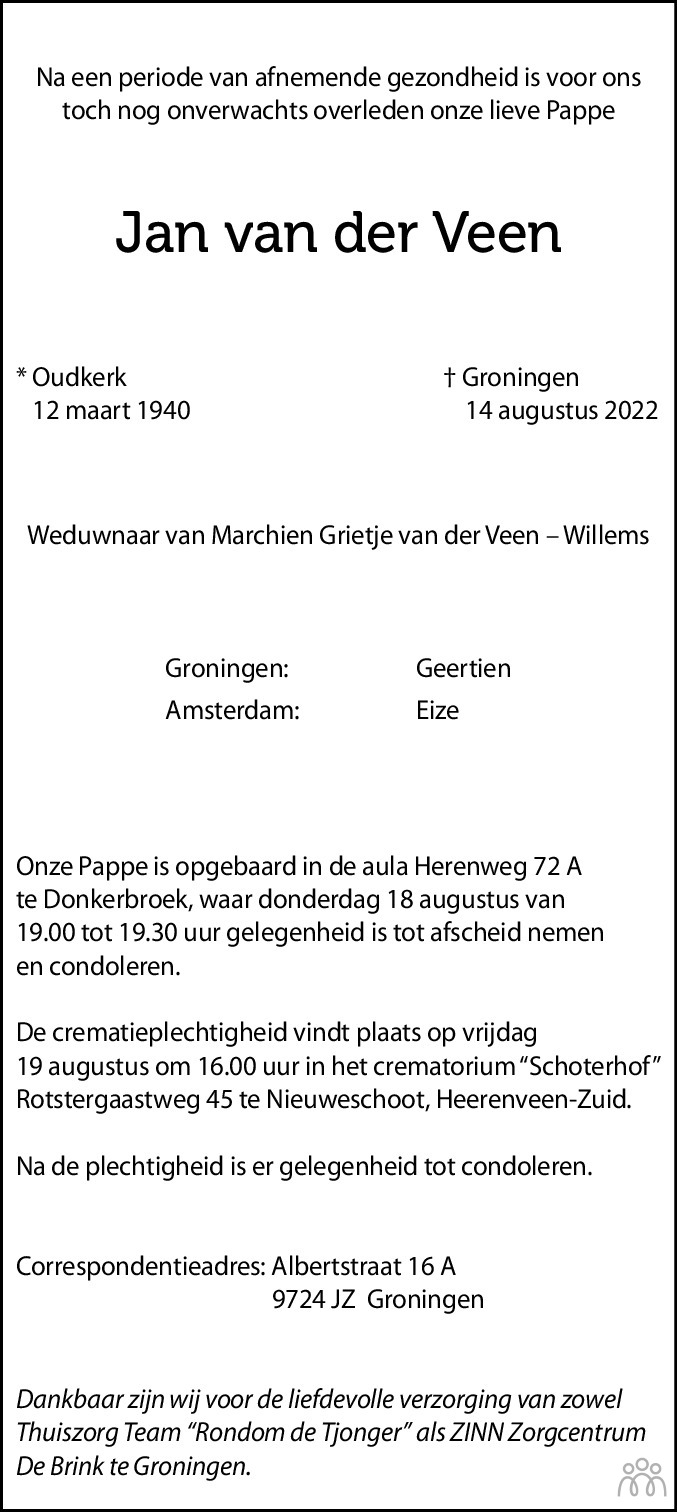 Overlijdensbericht van Jan van der Veen in Dagblad van het Noorden