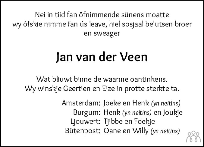 Overlijdensbericht van Jan van der Veen in Leeuwarder Courant