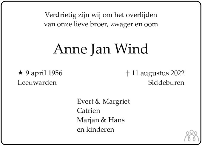 Overlijdensbericht van Anne Jan Wind in Dagblad van het Noorden