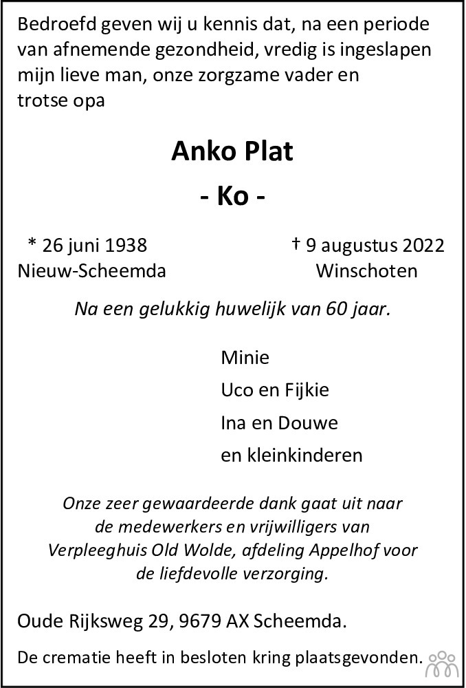 Overlijdensbericht van Anko (Ko) Plat in Streekblad/Pekelder Streekblad