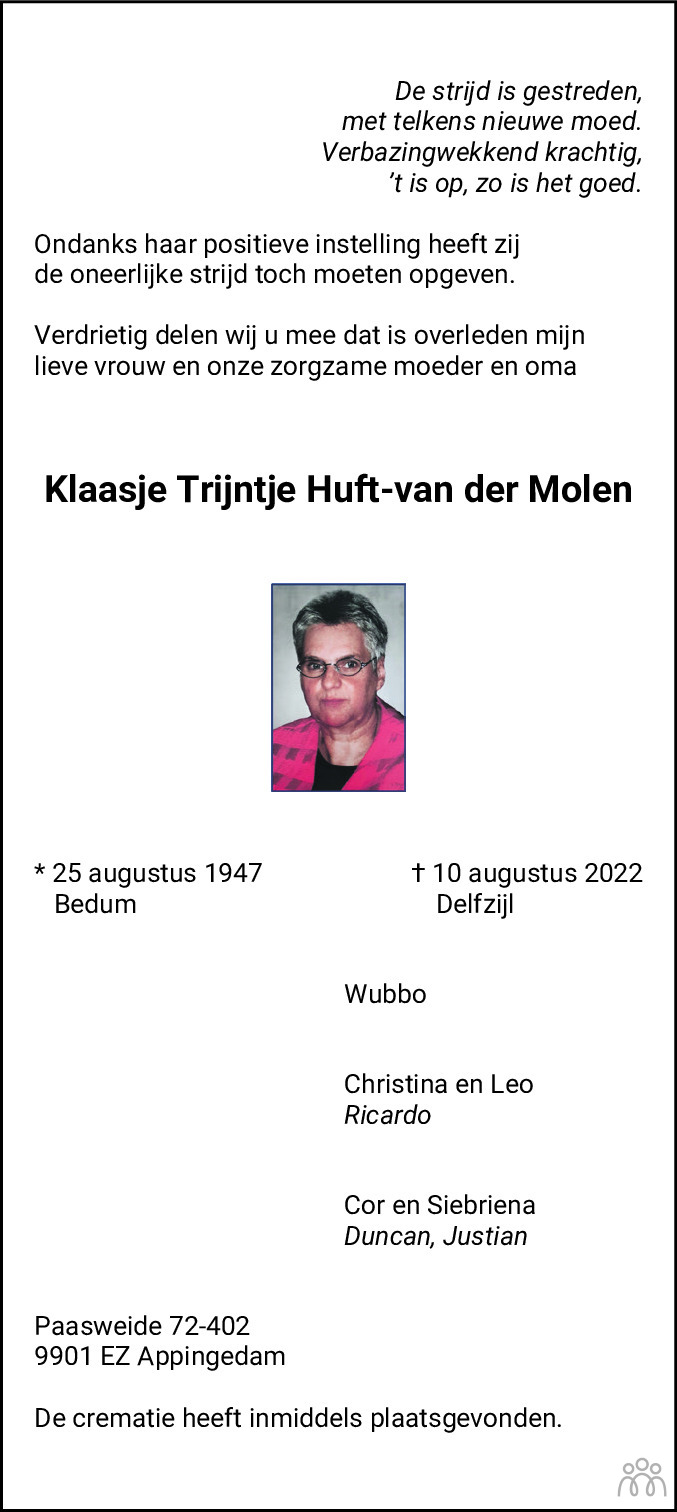 Overlijdensbericht van Klaasje Trijntje Huft-van der Molen in Eemsbode/Noorderkrant