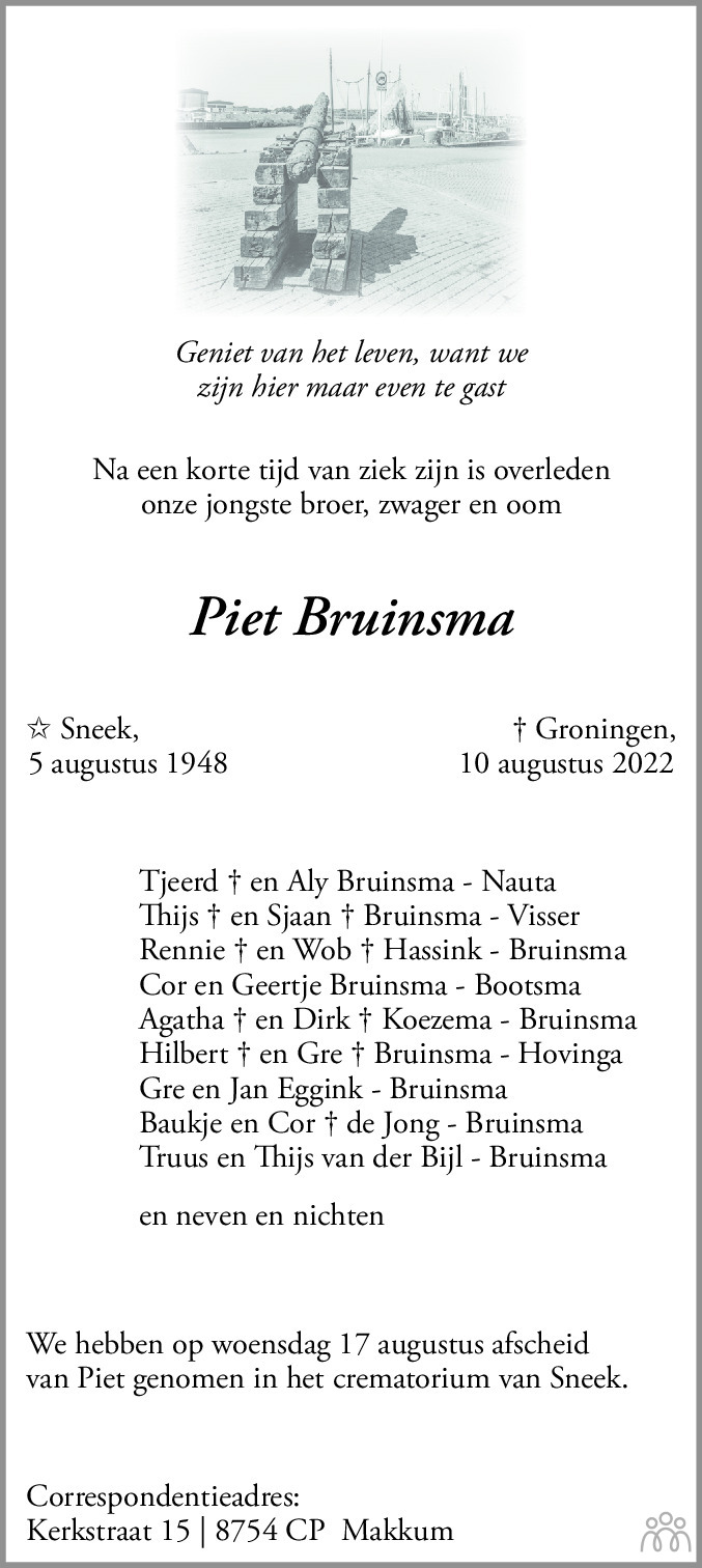 Overlijdensbericht van Piet Bruinsma in Bolswards Nieuwsblad