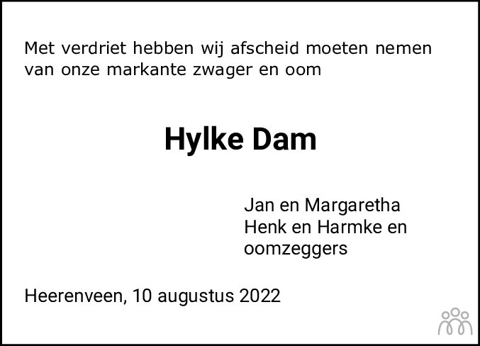 Overlijdensbericht van Hylke Dam in Leeuwarder Courant