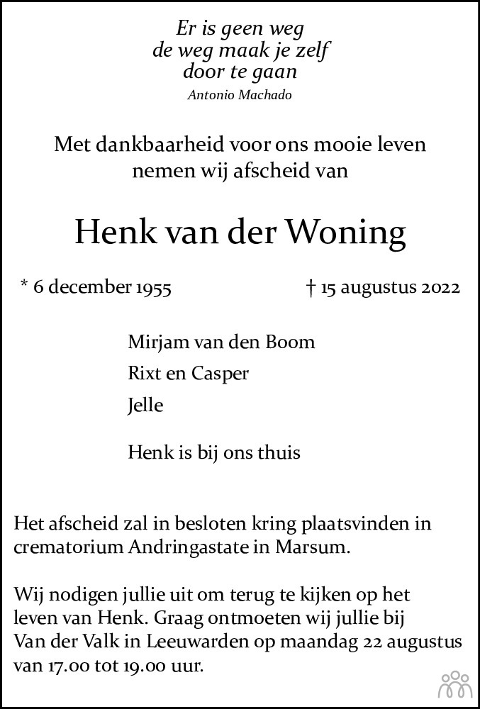 Henk Van Der Woning 15 08 2022 Overlijdensbericht En Condoleances