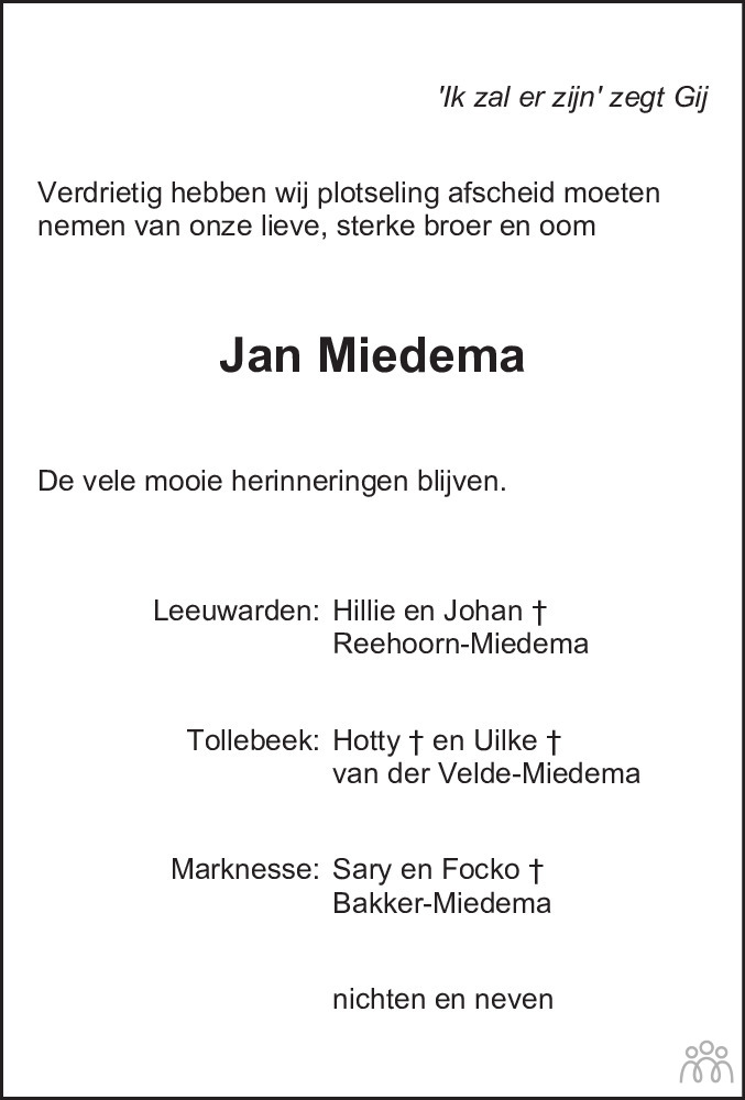 Overlijdensbericht van Jan Miedema in Leeuwarder Courant