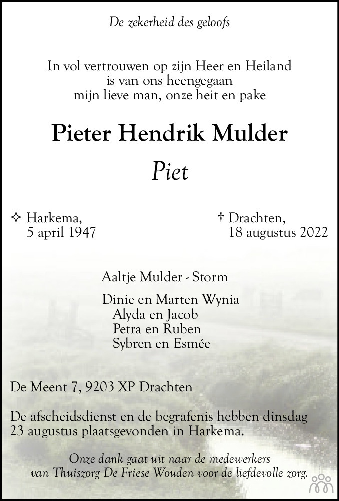 Pieter Hendrik (Piet) Mulder 18082022 overlijdensbericht en