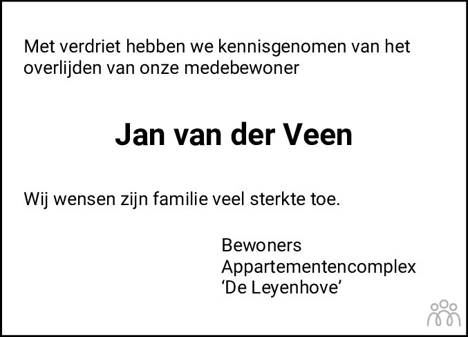 Overlijdensbericht van Jan van der Veen in Hoogeveensche Courant