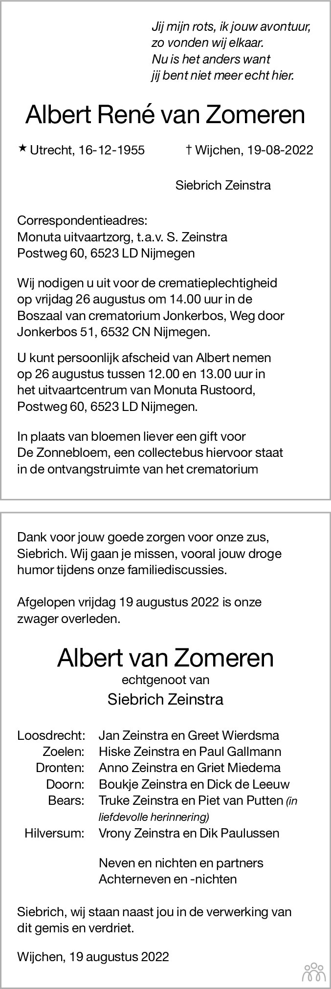 Overlijdensbericht van Albert René van Zomeren in Leeuwarder Courant