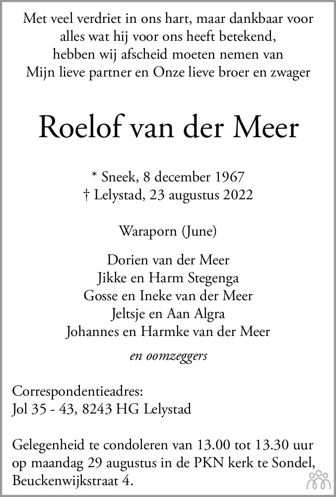 Overlijdensbericht van Roelof van der Meer in Leeuwarder Courant