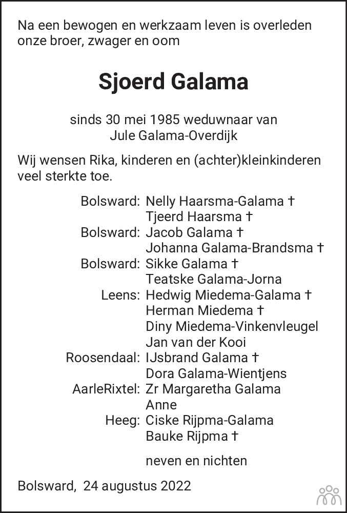 Overlijdensbericht van Sjoerd Galama in Leeuwarder Courant