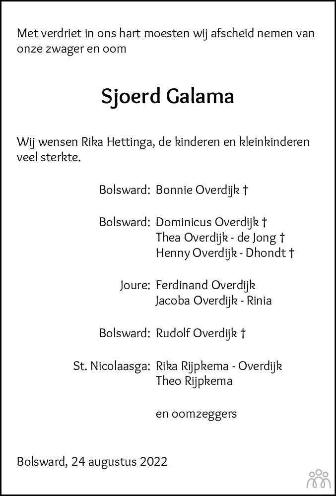 Overlijdensbericht van Sjoerd Galama in Leeuwarder Courant