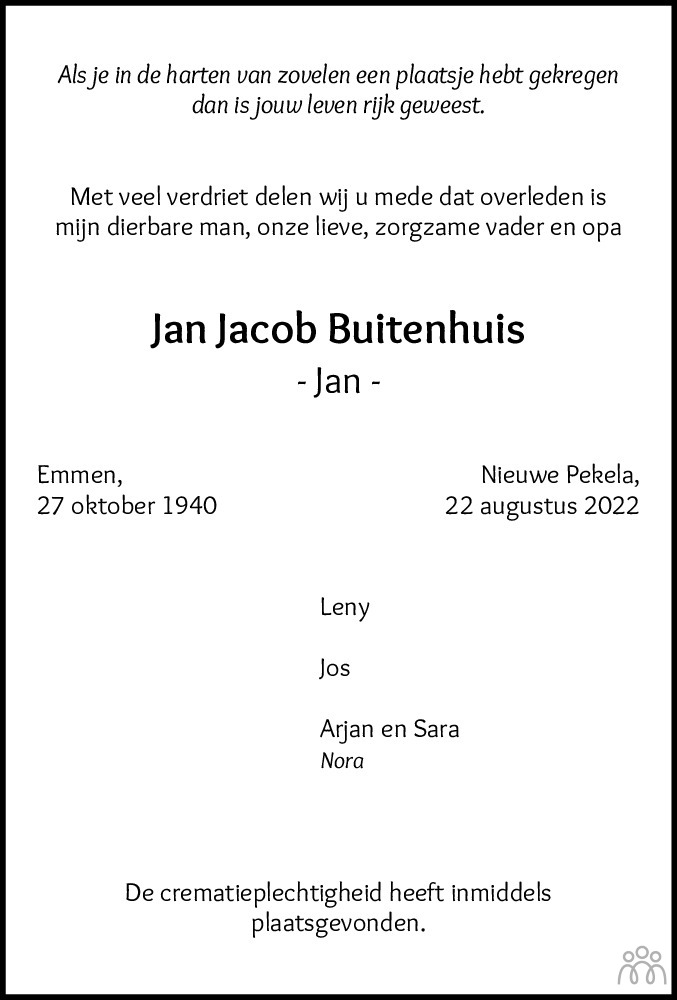 Overlijdensbericht van Jan Jacob Buitenhuis in Streekblad/Pekelder Streekblad