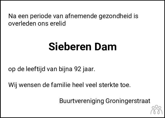 Overlijdensbericht van Sieberen Dam in De Feanster