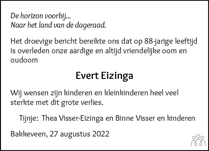 Overlijdensbericht van Evert Eizinga in Drachtster Courant