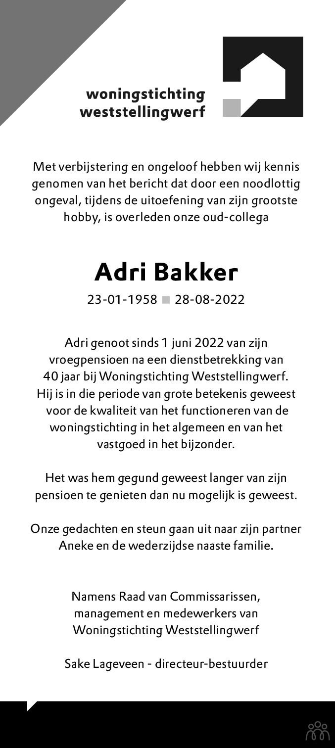 Adri (A3) Bakker 28-08-2022 Overlijdensbericht En Condoleances ...