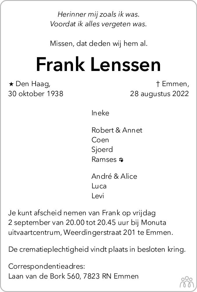 Overlijdensbericht van Frank Lenssen in Dagblad van het Noorden