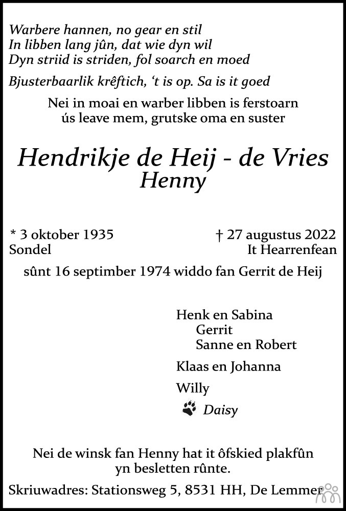 Hendrikje Henny De Heij De Vries Overlijdensbericht En My Xxx Hot Girl