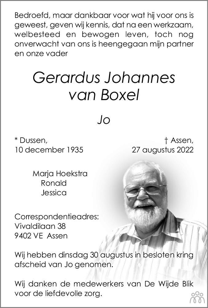 Overlijdensbericht van Gerardus Johannes (Jo) van Boxel in Leeuwarder Courant