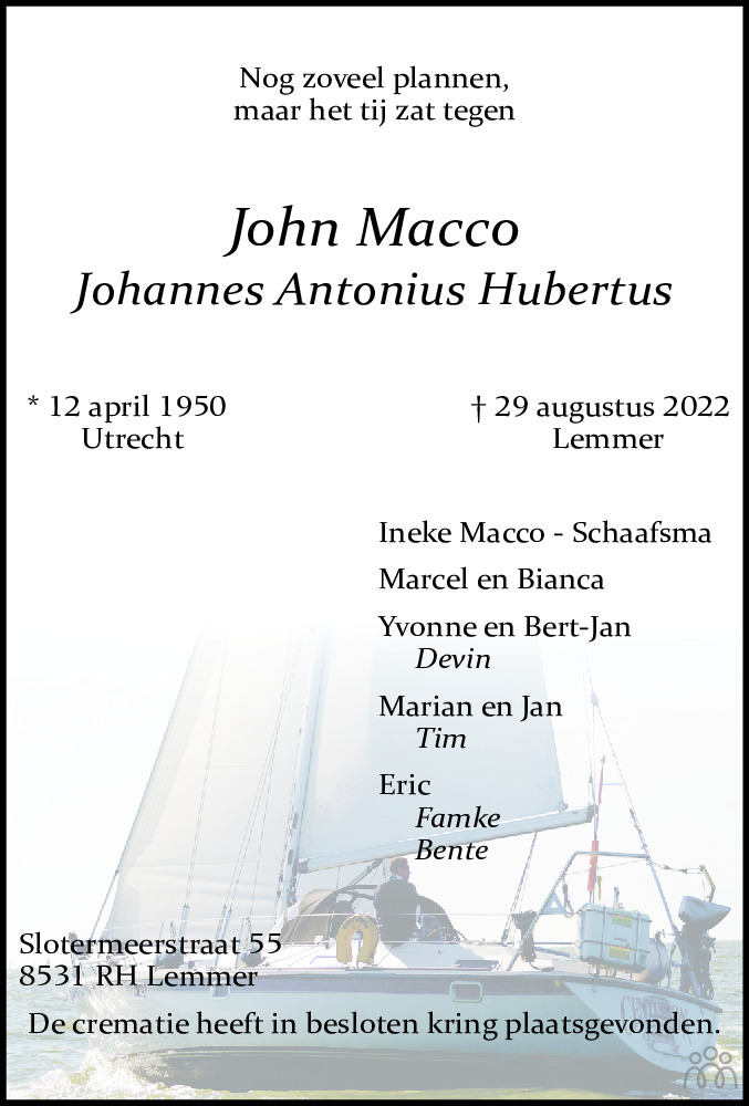 Overlijdensbericht van John (Johannes Antonius Hubertus) Macco in Leeuwarder Courant