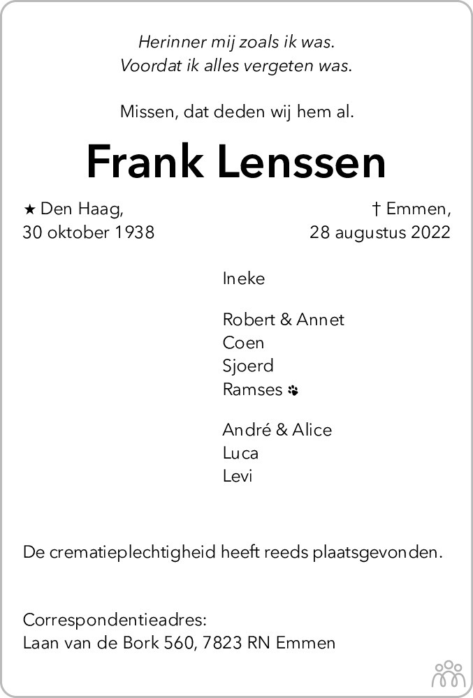 Overlijdensbericht van Frank Lenssen in Emmen Nu