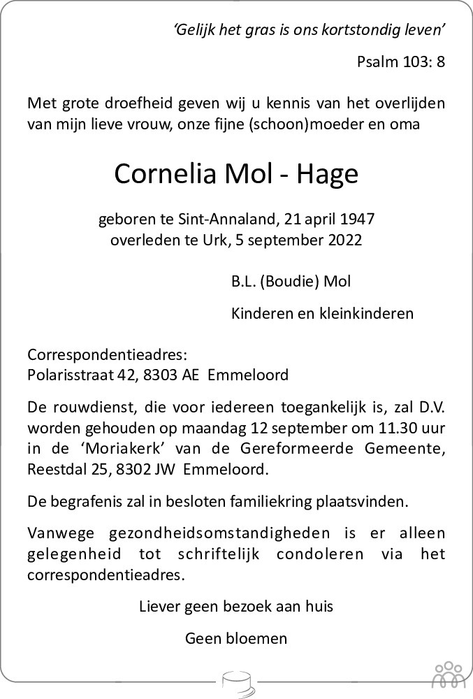 Overlijdensbericht van Cornelia  Mol-Hage in Noordoostpolder