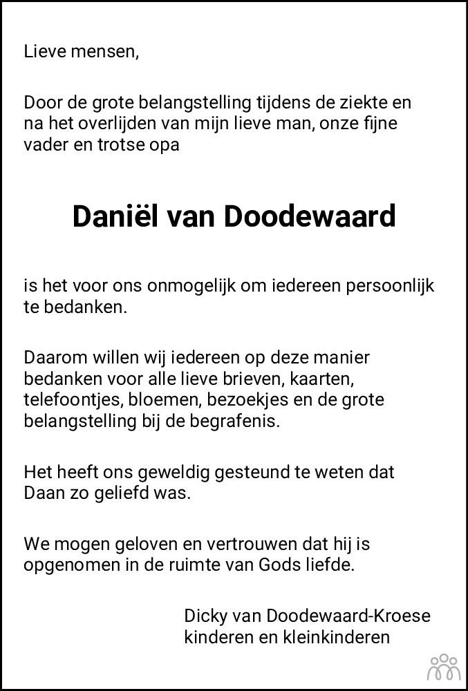 Overlijdensbericht van Daniël (Daan) van Doodewaard in Flevopost Dronten