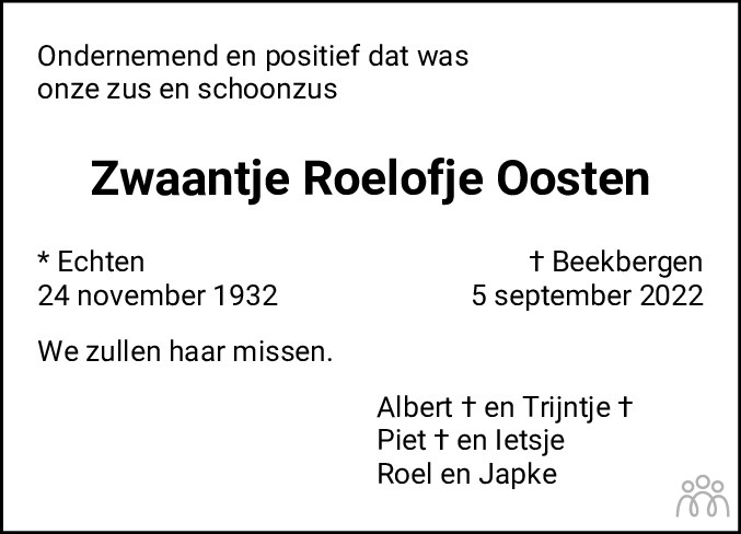 Overlijdensbericht van Zwaantje Roelofje Oosten in Jouster Courant Zuid Friesland