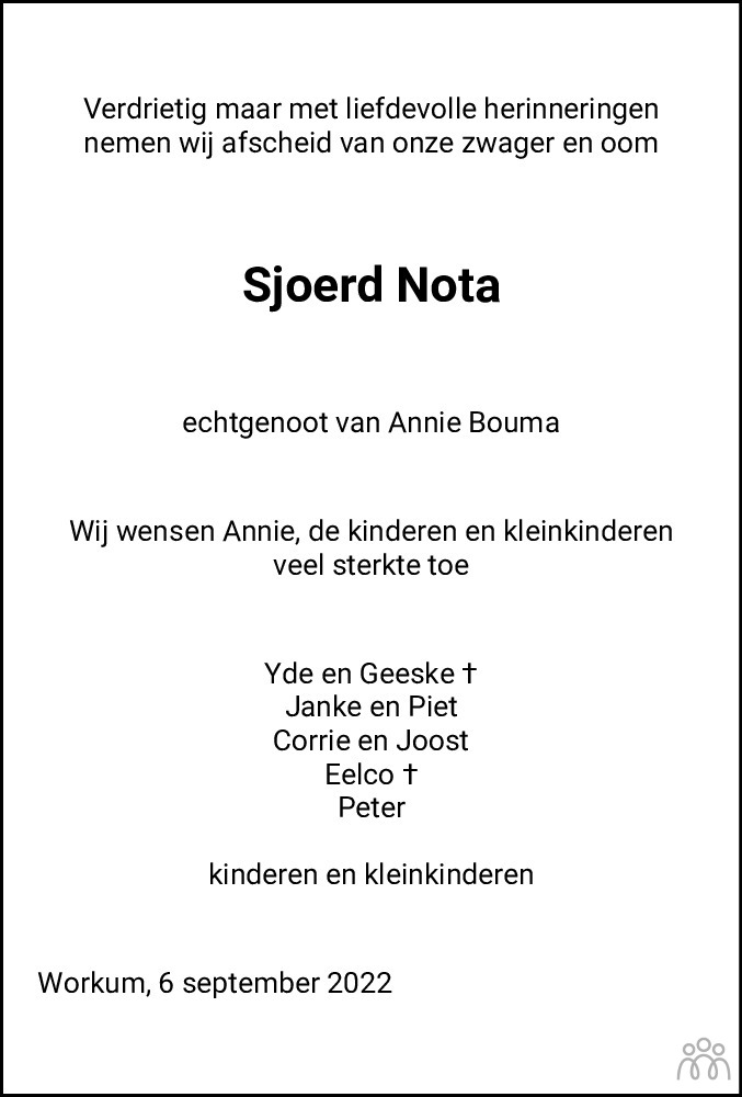 Overlijdensbericht van Sjoerd Nota in Leeuwarder Courant