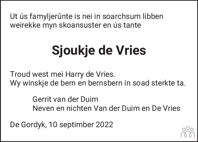 Overlijdensbericht van Sjoukje de Vries-de Vries in Leeuwarder Courant