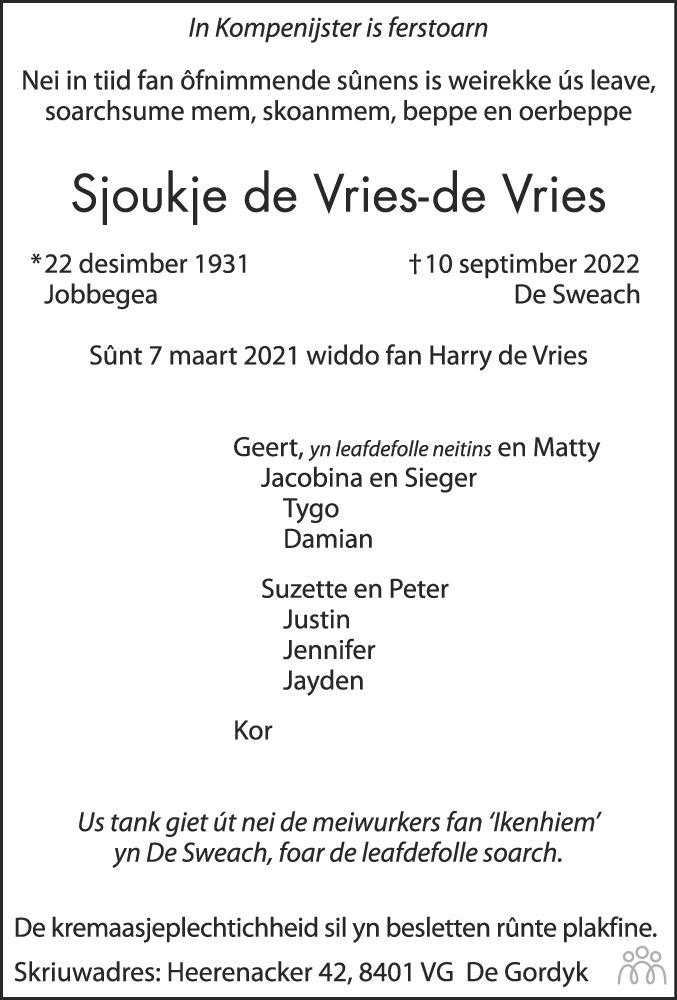 Overlijdensbericht van Sjoukje de Vries-de Vries in Leeuwarder Courant