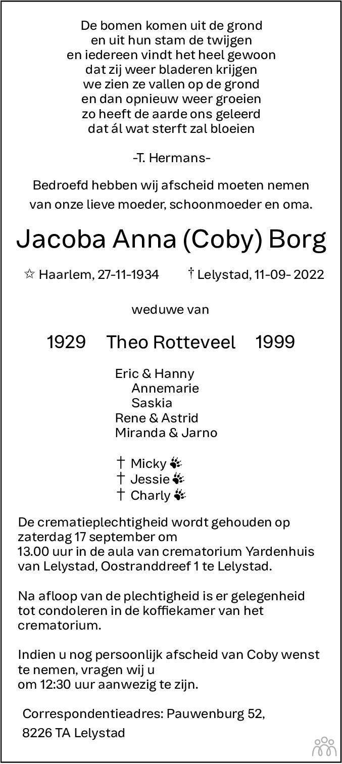 Overlijdensbericht van Jacoba Anna (Coby) Borg-Rotteveel in Flevopost Dronten