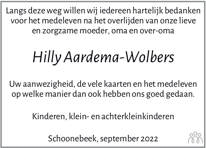 Overlijdensbericht van Hilligje  Aardema-Wolbers in Dagblad van het Noorden