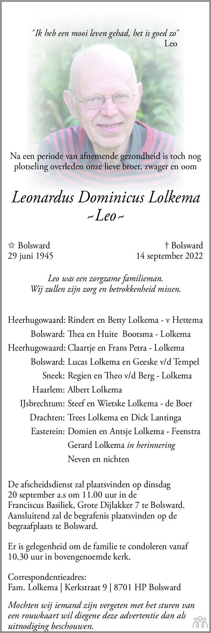 Overlijdensbericht van Leonardus Dominicus (Leo) Lolkema in Leeuwarder Courant