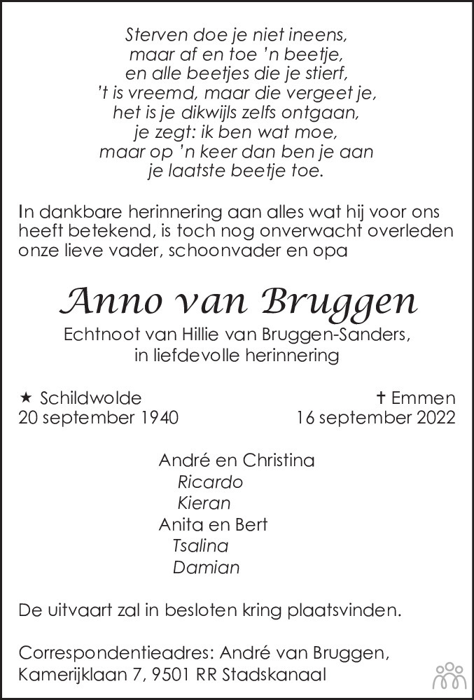 Overlijdensbericht van Anno van Bruggen in Dagblad van het Noorden