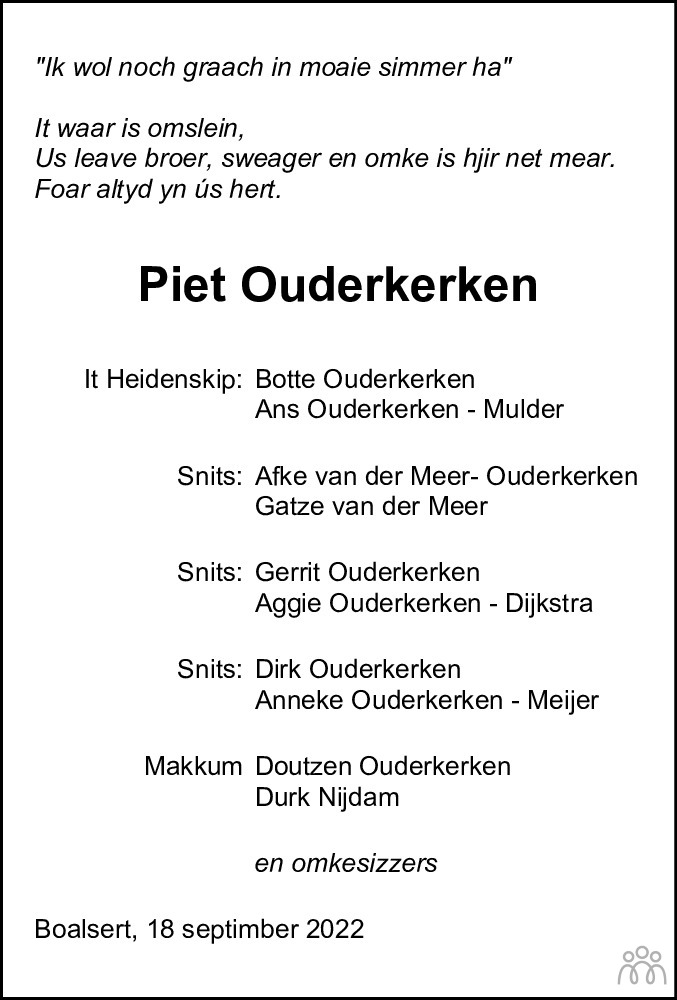 Overlijdensbericht van Pieter Rintje Ouderkerken in Friesch Dagblad