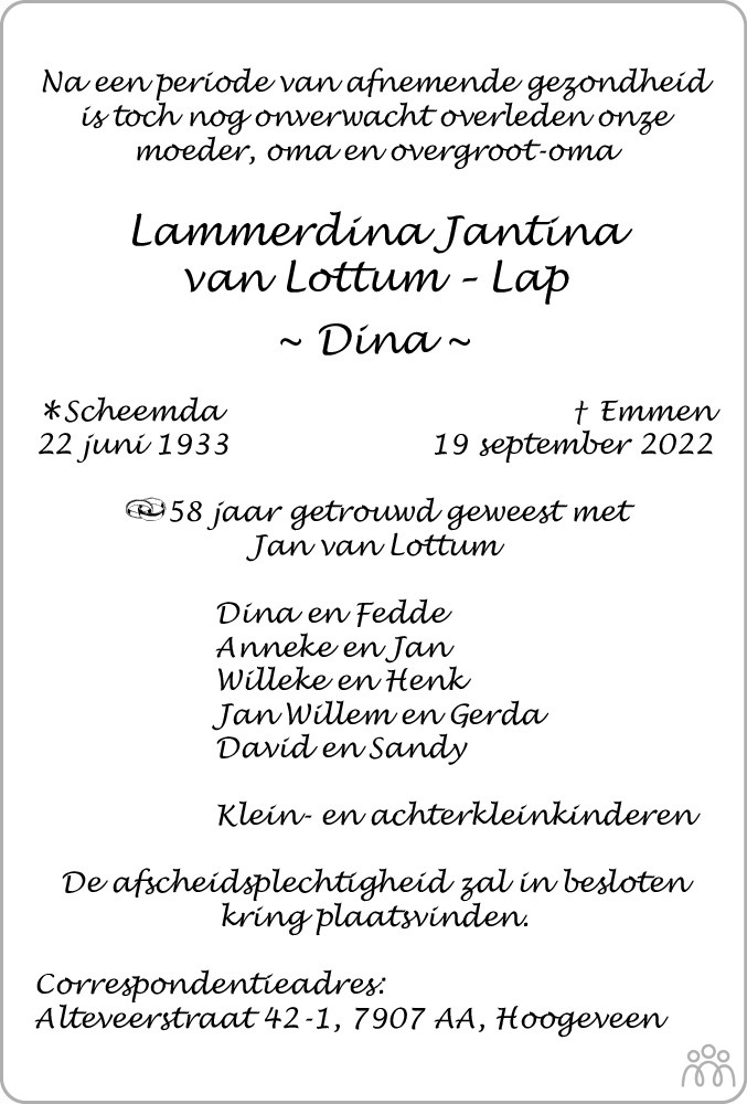 Overlijdensbericht van Lammerdina Jantina (Dina) van Lottum-Lap in Hoogeveensche Courant
