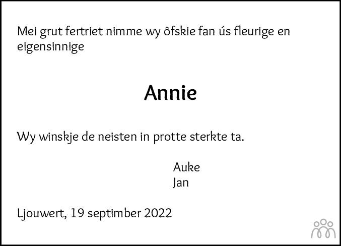 Overlijdensbericht van Annie van der Wal in Leeuwarder Courant