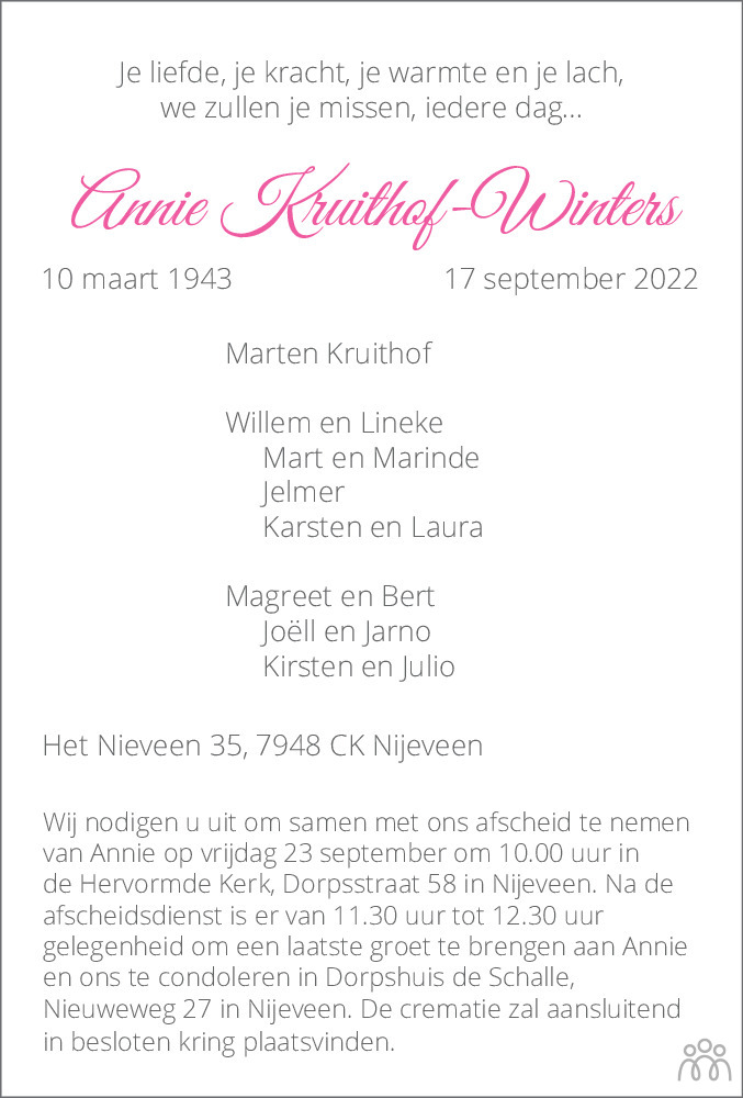 Annie Kruithof 17092022 overlijdensbericht en condoleances