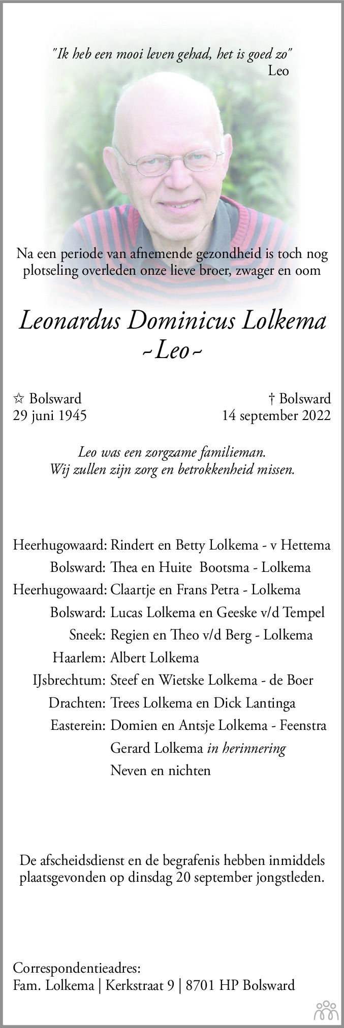 Overlijdensbericht van Leonardus Dominicus (Leo) Lolkema in Bolswards Nieuwsblad