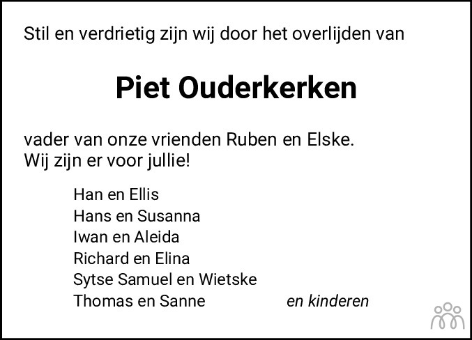 Overlijdensbericht van Pieter Rintje Ouderkerken in Bolswards Nieuwsblad